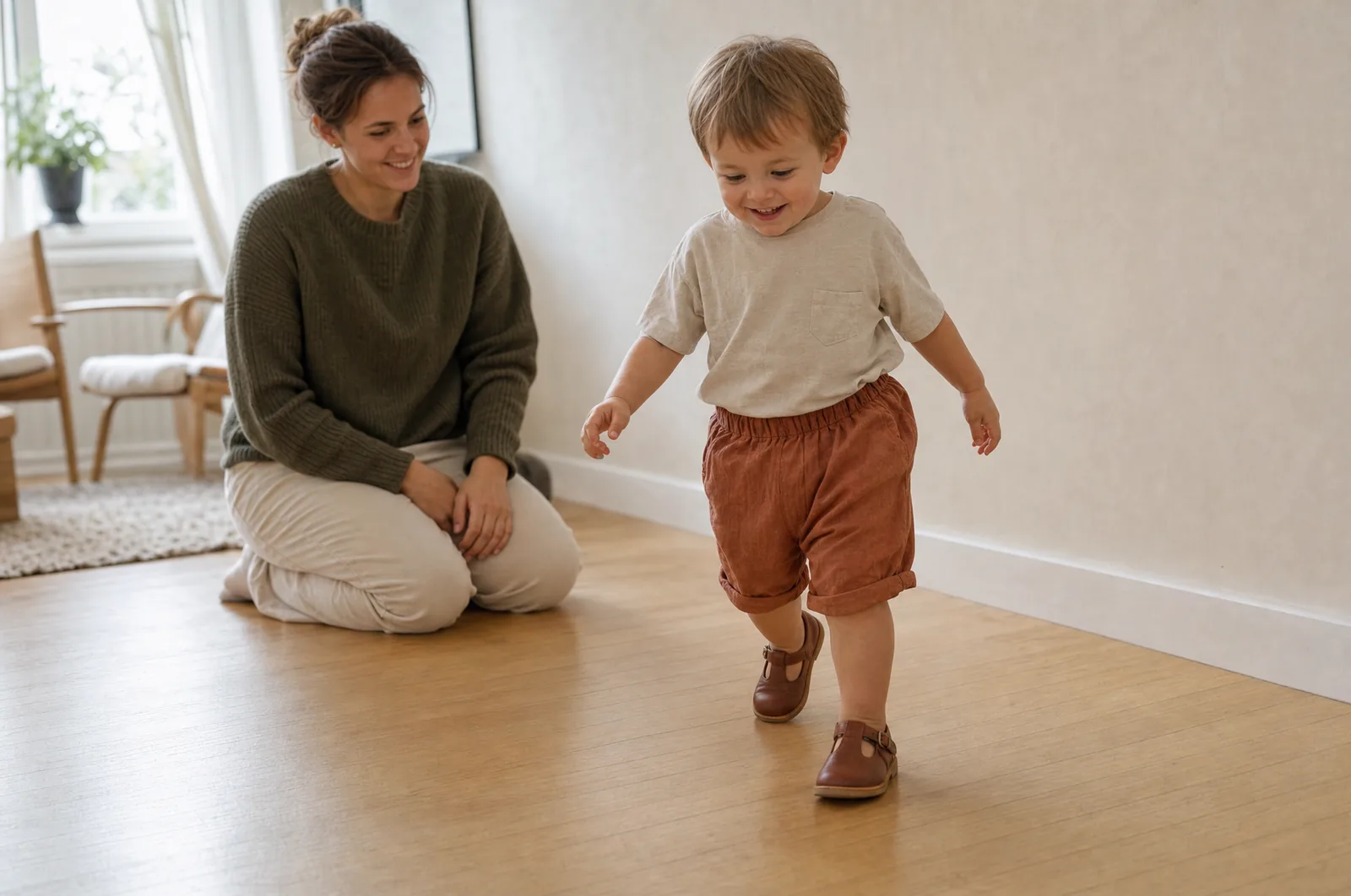 Nasmejano dete hoda u novim kožnim cipelicama, a mama ga posmatra